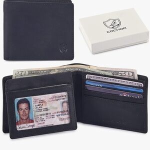 New Cochoa Black Bifold Leather Slim RFID Wallet Identify Protection Crazy Horse